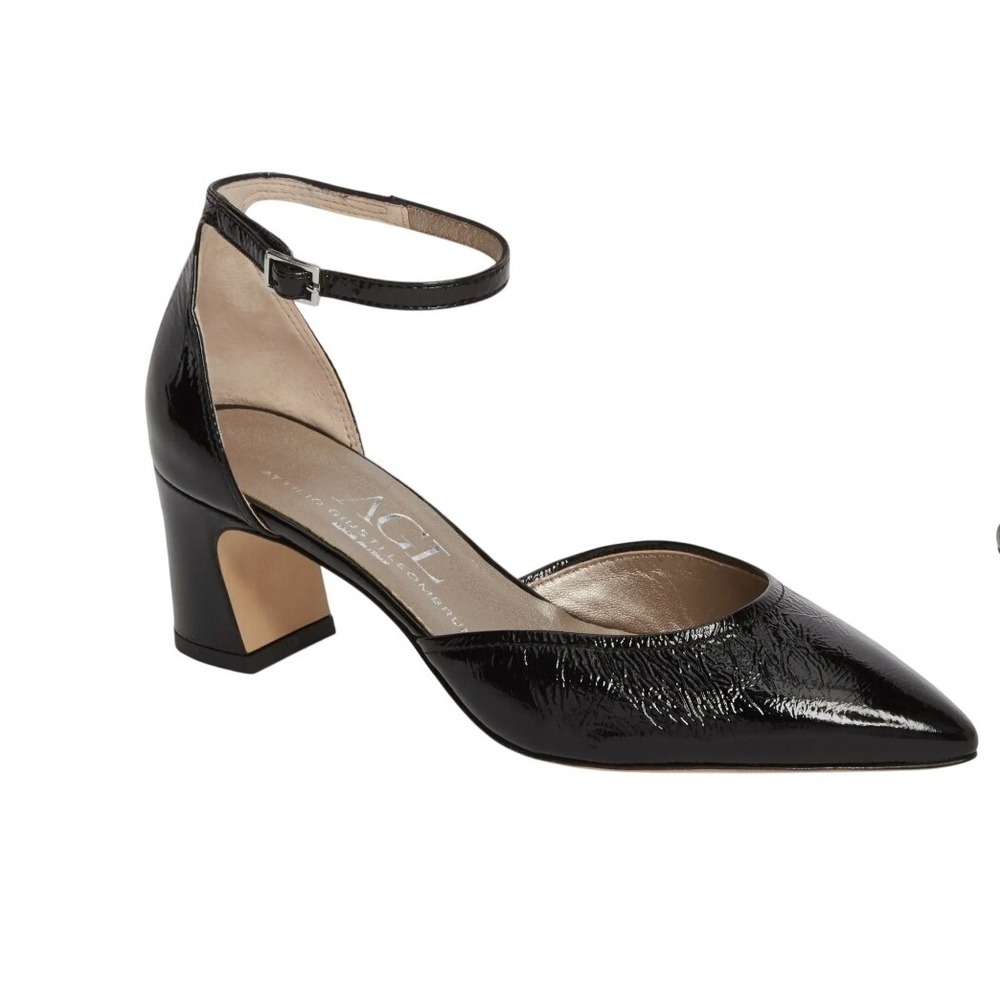 AGL Attilio Giusti Leombruni Black patent Ankle Strap Pointed Toe Pumps 6.5